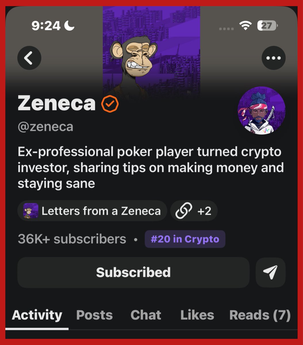 Duckofdepth's tweet photo. Just subscribed to @Zeneca on substack.

This guy shares wisdom nuggets for free once every week!

It’s like getting an airdrop every week!

You can also subscribe to his newsletter that is paid and receive daily crypto news.

He turned 50k into 2.5M $ !
From trading A.I agents.

P.s he seems bullish on the project that i love @AnichessGame may be he likes to collect pieces or ethernals.

Im going with this guy who has achieved success and knows the game .