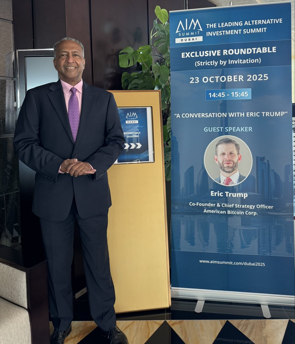 Zemedeneh Negatu (@zemedeneh) on Twitter photo Attended an exclusive (by invitation only) private round-table discussion with a very engaging and articulate Eric Trump at the <a href="/AIM_Summit/">AIM Summit</a> Dubai.
Eric is very bullish about cryptocurrencies in general and American Bitcoin Corp. (ABTC) in particular. ABTC was co-founded by Eric Attended an exclusive (by invitation only) private round-table discussion with a very engaging and articulate Eric Trump at the <a href="/AIM_Summit/">AIM Summit</a> Dubai.
Eric is very bullish about cryptocurrencies in general and American Bitcoin Corp. (ABTC) in particular. ABTC was co-founded by Eric