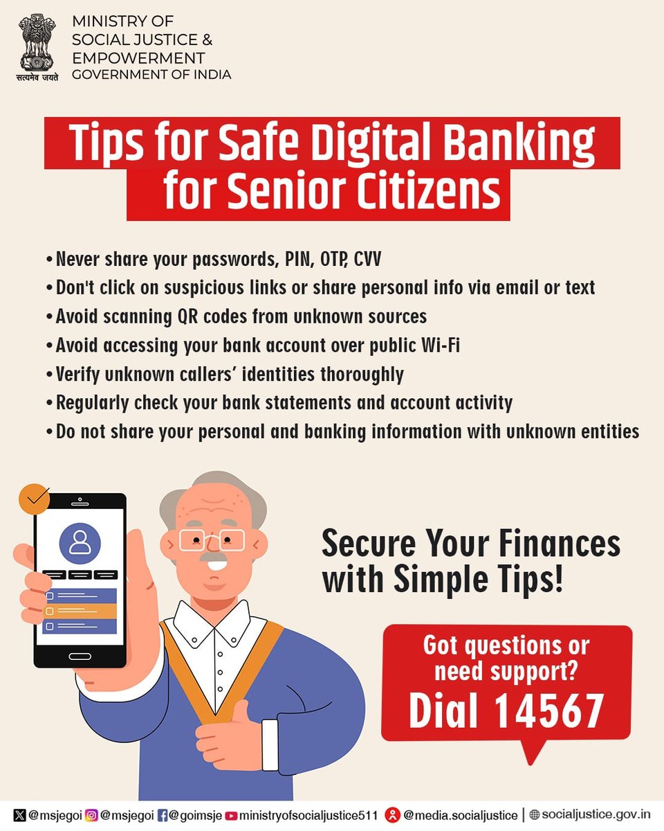 Stay alert, stay safe! 

Follow these simple tips for secure digital banking and protect yourself from online fraud.

📞 For guidance or support, call the Elder Line helpline at 14567.

#DigitalSafety #SeniorCitizens #ElderLine #CyberAwareness #SafeBanking