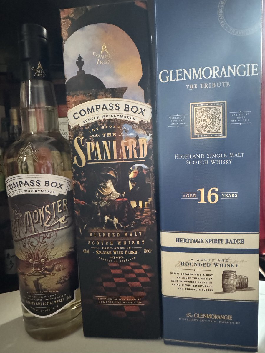 kirydayo's tweet image. 無事帰宅🤭

今回お迎えしたウィスキー🥃

#GLENMORANGIE THE TRIEUTE
#COMPASS BOX SPANIARD
#COMPASS BOX THE PEAT MONSTER