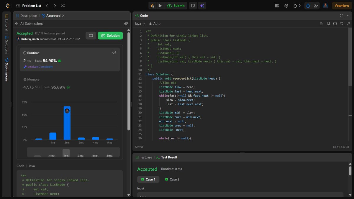 RishirajSingh_X's tweet image. Day 54 of #100DaysOfCode ✅
LeetCode 143: Reorder List completed 💻
Implemented Zig-Zag linked list logic in Java 💪
Problem-solving consistency on point 🚀
#Java #DSA #LeetCode #CodingJourney
