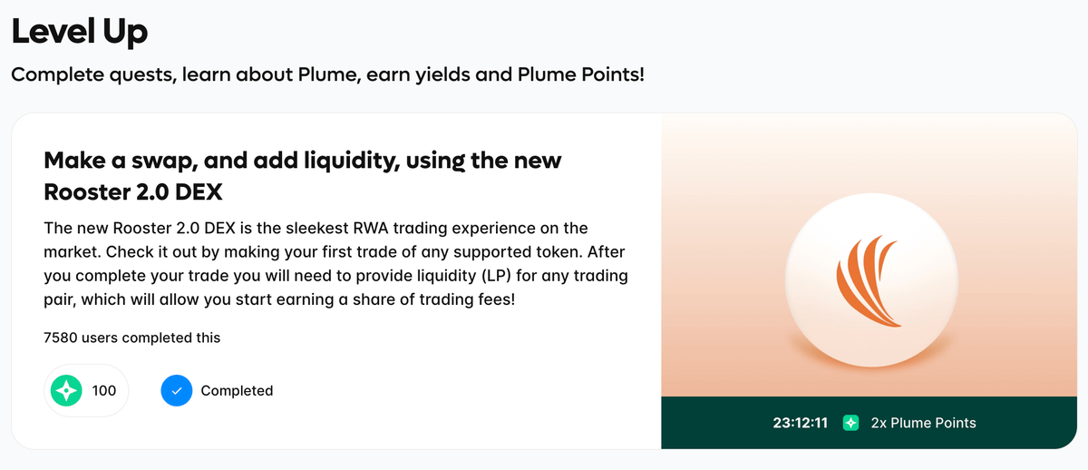 🎉 LEVEL UP with <a href="/plumenetwork/">Plume</a>! 🎉
Complete quests, earn Plume Points &amp; yields! 🚀
Swap &amp; add liquidity on the sleek Rooster 2.0 DEX! 🌟
- 1st trade + LP = trading fee share! 💰
- 7580 users already joined! 🎯
Earn DOUBLE Plume Points now! 🔥
#PlumeNetwork #RoosterDEX