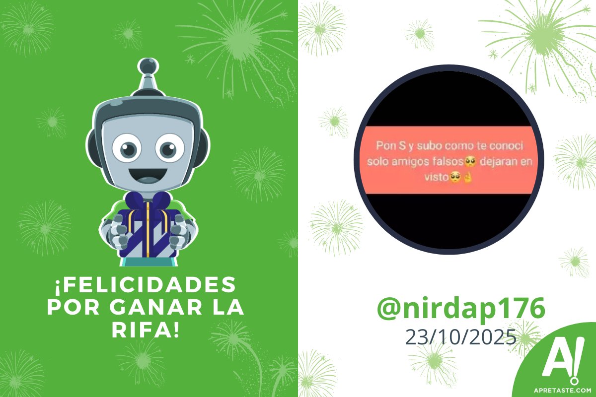 Muchas felicidades a @nirdap176 por ganar la rifa de #Apretaste del 23 de octubre. Revisa los demás ganadores. bit.ly/46QMlC9