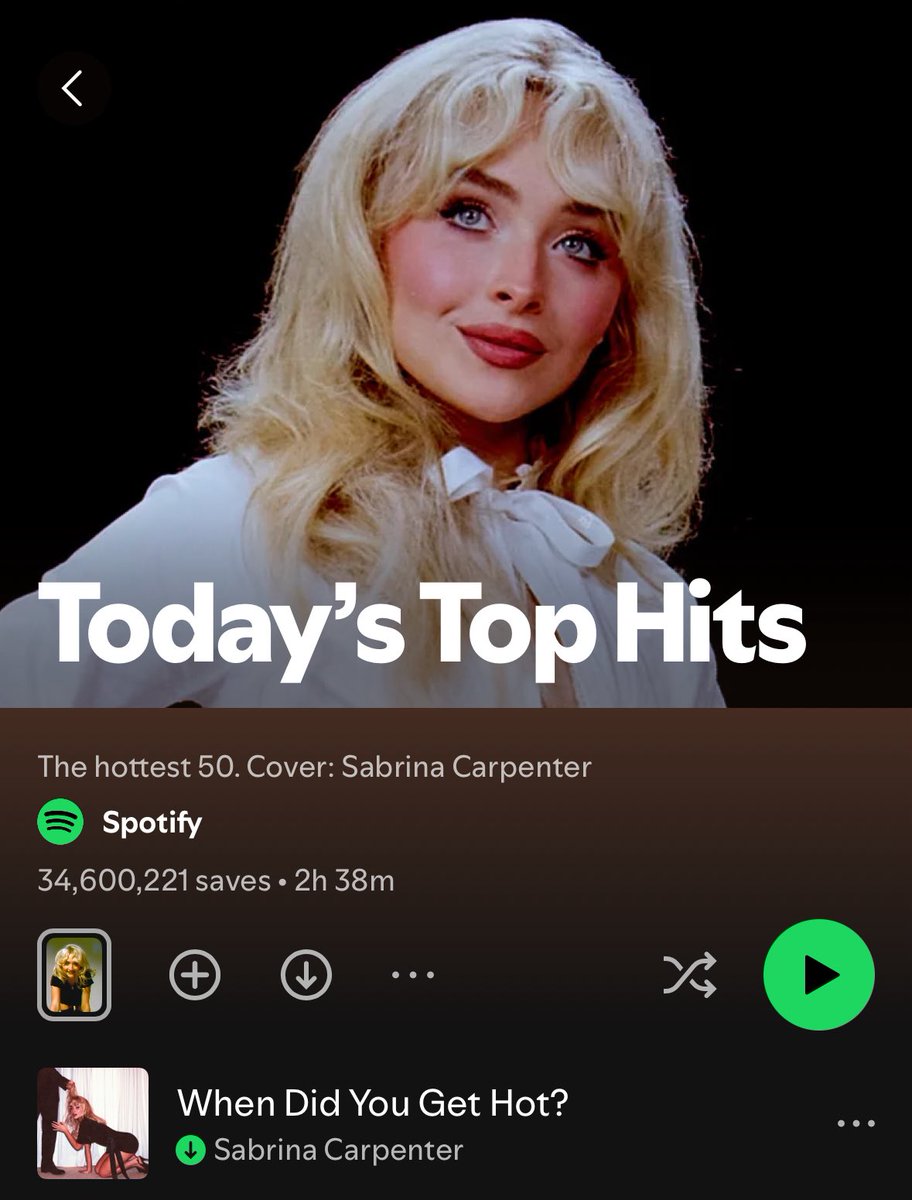 SConSpotify's tweet image. .@SabrinaAnnLynn is on the cover of Spotify’s “Today’s Top Hits” with “When Did You Get Hot?” at #1