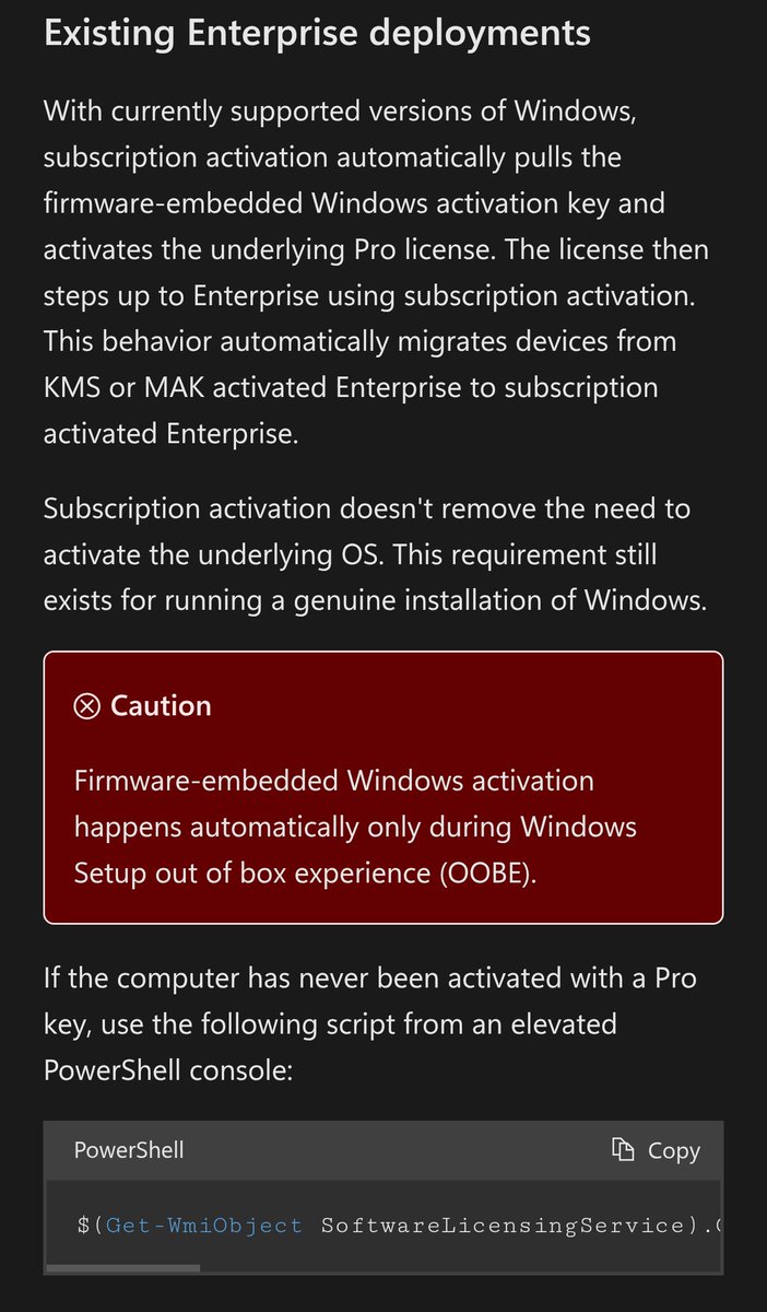 NathanMcNulty's tweet image. The firmware would need to have the Pro license embedded in it for automatic activation like that
Otherwise, you'll have to use your own MAK or whatever
learn.microsoft.com/en-us/windows/…