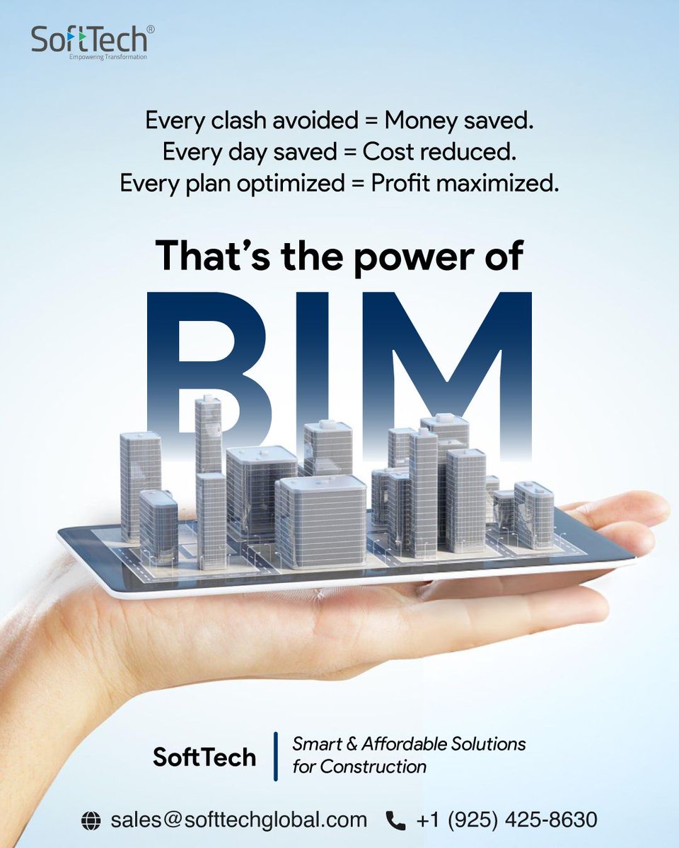 Clashes, delays, and wastage drain project budgets. BIM flips the script by preventing issues before they cost you.

Build smarter, save bigger — with SoftTech BIM solutions.

#BIM #SmartConstruction #ConstructionIntelligence #SmartCitySolutions #BuildingInnovation #SoftTech