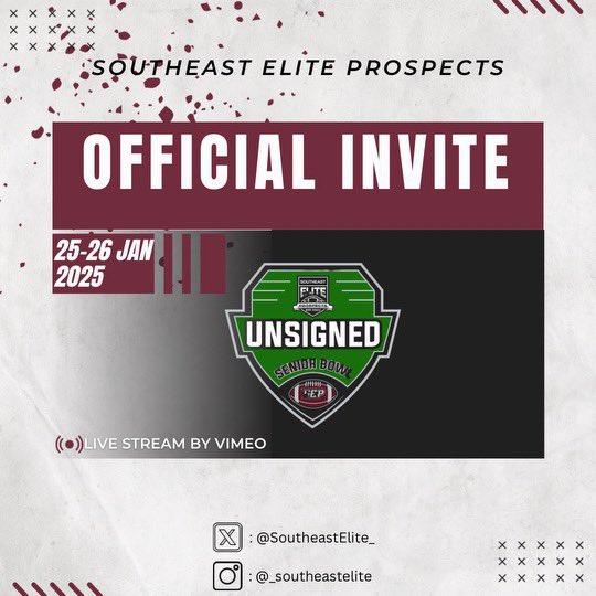 I’m truly honored to receive an official invite to the Southeast Elite Prospects Unsigned Senior Bowl! 🙏🏽 Huge thanks to Southeast Elite Prospects for this incredible opportunity to showcase my skills and compete with other talented athletes.