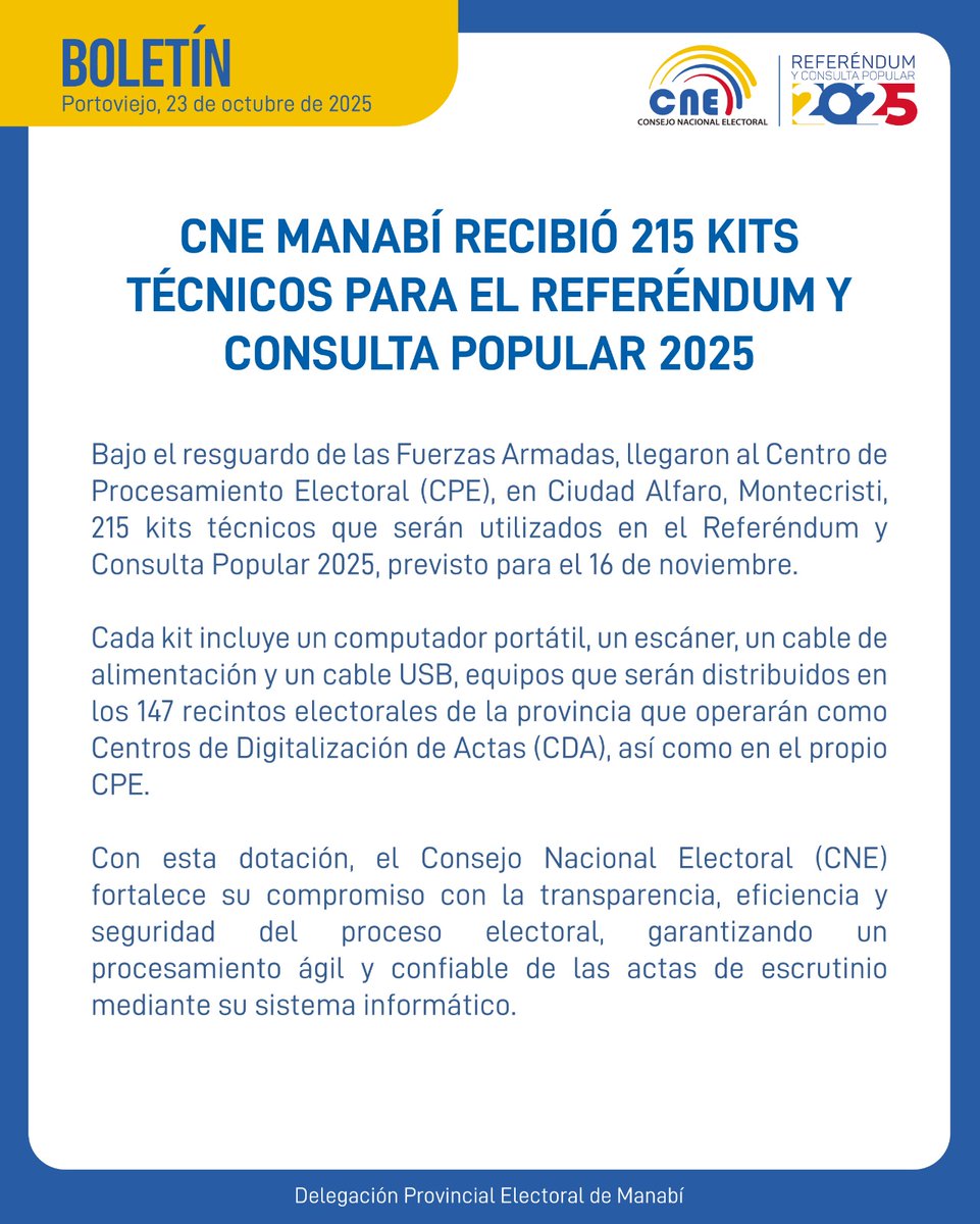 CNEManabi's tweet image. #Boletín 🗞️

2⃣1⃣5⃣ kits técnicos arribaron hoy al Centro de Procesamiento Electoral, en Ciudad Alfaro, Montecristi, bajo el resguardo de las Fuerzas Armadas.

Los equipos tecnológicos asegurarán el adecuado desarrollo de las actividades en el #CPE.

#ReferéndumYConsulta2025🗳️