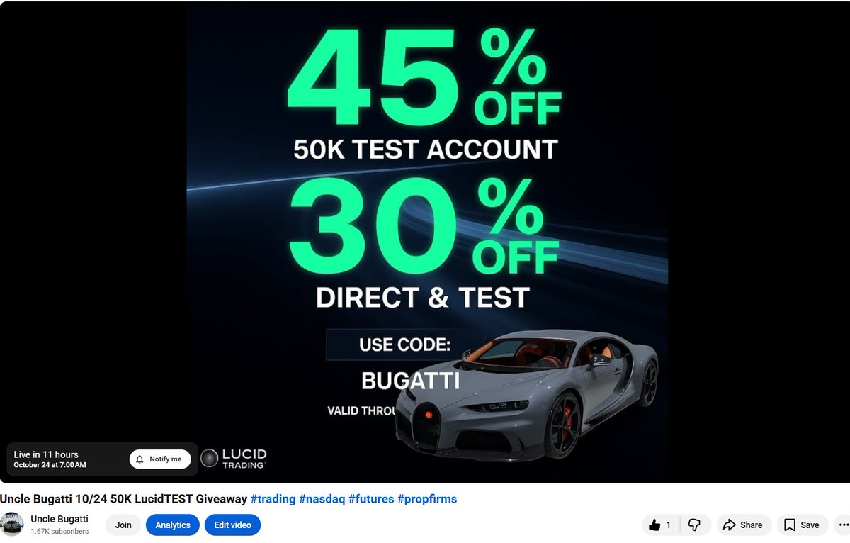 Will be giving out 50K LucidTest tomorrow on stream . Thank you <a href="/TradingLucid/">Lucid Trading</a> for supporting my community.  
If you love Lucid please use CODE BUGATTI
lucidtrading.com/ref/unclebugat…

My youtube :
youtube.com/watch?v=eJueXS…