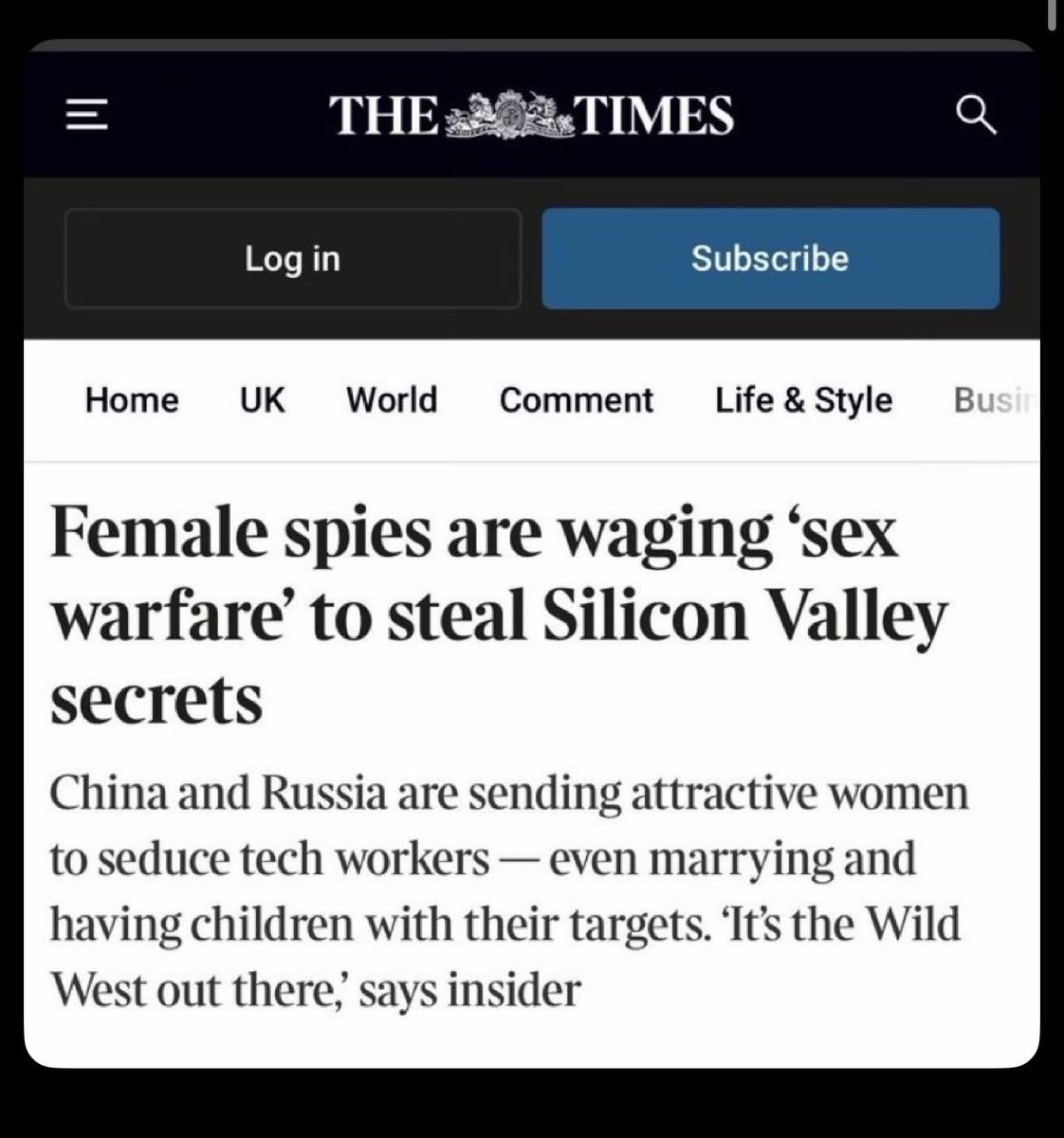 중공의 미인계는 아주 오래된 수법이다.
정치,산업스파이등등 모든 곳에 침투하며
특히 외교관들은 주요 타겟이었다.

일론 머스크 또한 
이 문제를 정확하게 인지하고
있다.

여성 스파이들이 실리콘 밸리의 비밀을 훔치기 위해 '성 전쟁'을 벌이고 있다.

중국과 러시아가 매력적인 여성들을 보내