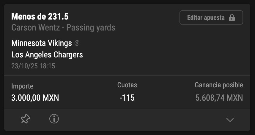MichF1Insider's tweet image. 🚨 FREE PICK NFL
🏈 Wentz Under 231.5 Pass yds [-115]