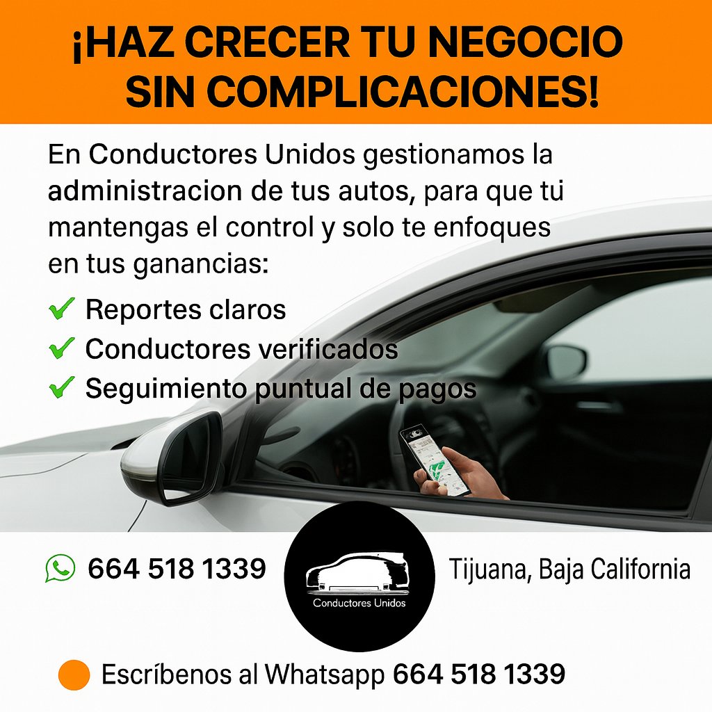DeConductores's tweet photo. En Conductores Unidos cuidamos tu inversión.
Te ofrecemos administración integral que incluye:
📷 Examen de manejo
📷 Contrato legal
📷 Reportes mensuales
📷 Supervisión continua
📷 WhatsApp 664 518 1339
📷 Tijuana, B.C.
Más que un Club, una Familia.
https://t.co/oFBqSQmWBH https://t.co/e0ceAzwWVR