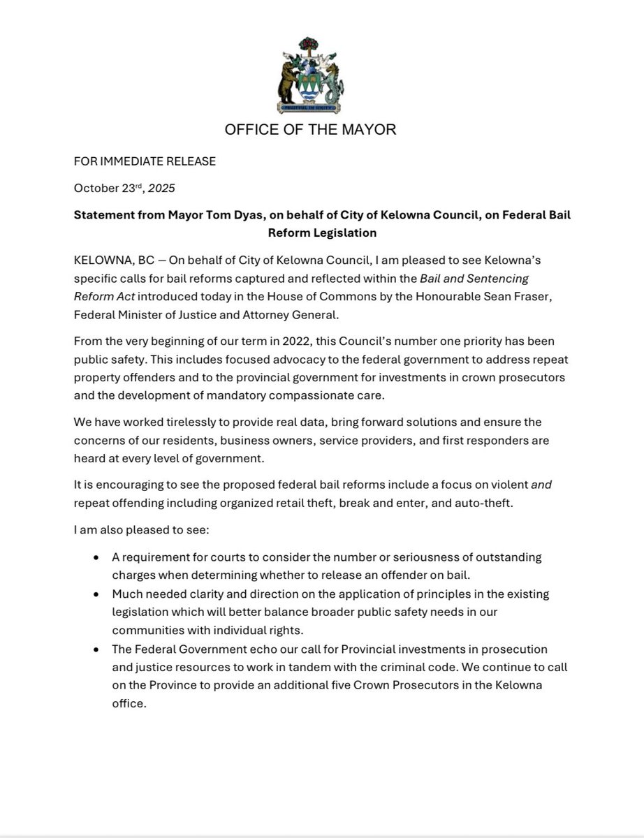 MayorTomDyas's tweet photo. Today’s bail reform legislation is a positive step forward, and I’m pleased to see a focus on violent and repeat offending.

Kelowna has consistently called for bail reform that holds chronic offenders accountable.

Grateful to see progress, but our work isn’t done. https://t.co/Vsh3zkaZmJ