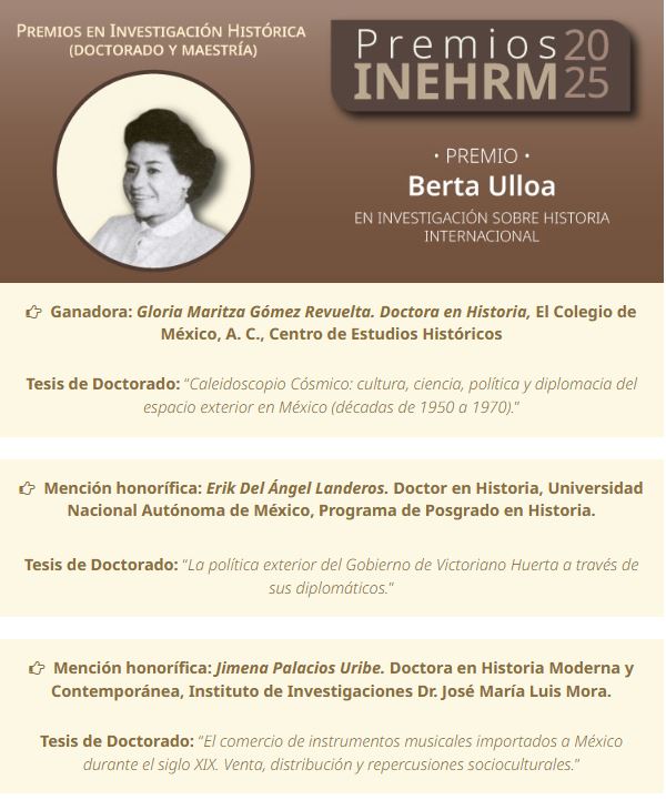 institutomora's tweet photo. 🎉Felicitamos a la Dra. Jimena Palacios Uribe, egresada del Doctorado en Historia Moderna y Contemporánea del Instituto Mora por la obtención de una mención honorífica del Premio Berta Ulloa en investigación sobre Historia Internacional, @INEHRM 2025.
#Enhorabuena #OrgulloMora https://t.co/5rJFKQ1jEg