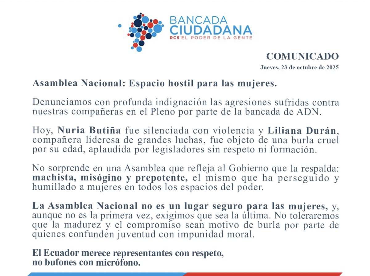 ‼️ La Asamblea Nacional no es un lugar seguro para las mujeres. Denunciamos las violentas agresiones a nuestras compañeras <a href="/NuriaButina/">Nuria Butiñá</a> y <a href="/LilianaDuranA/">Liliana Durán Aguilar</a>. 

El machismo y la burla no pueden normalizarse en el primer poder del Estado.