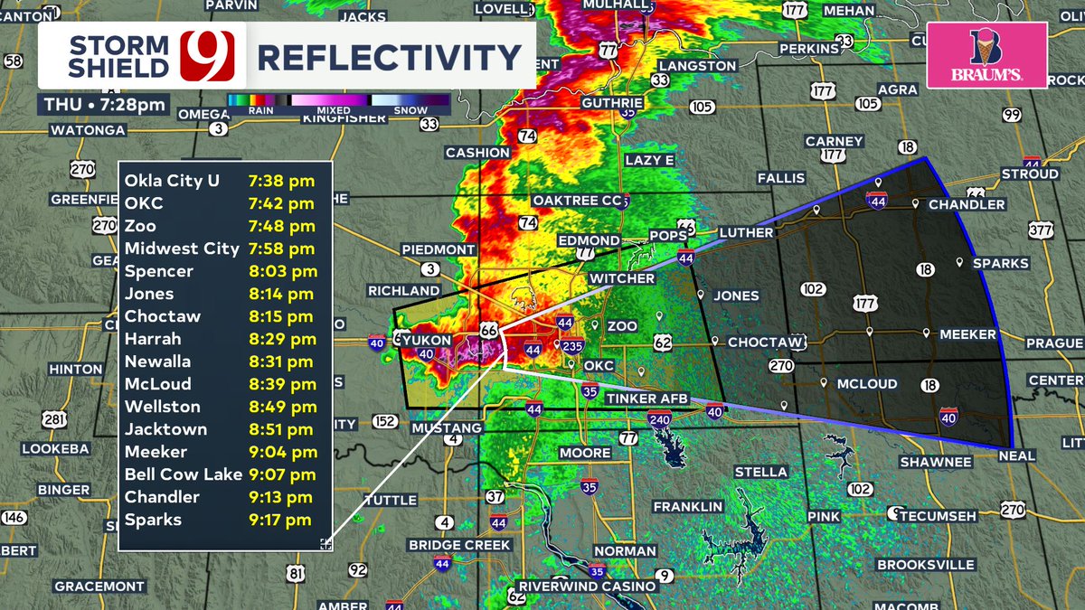Severe Thunderstorm Warning for Canadian and Oklahoma Counties until 8:15 PM. Quarter size hail and 60 mph gusts possible. #okwx
