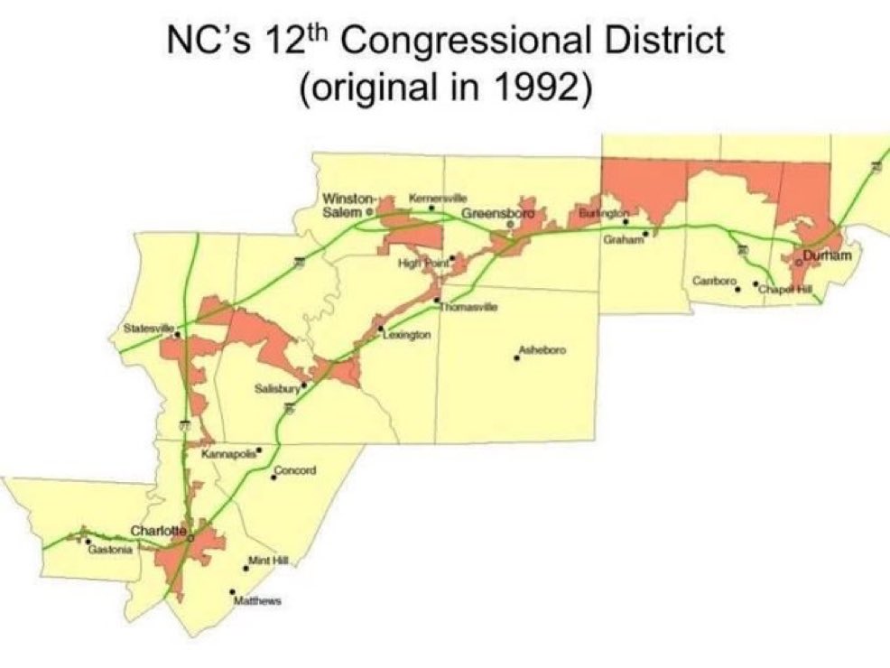 This was a real district. Democrats controlled the NC General Assembly from Reconstruction to 2010. 

I’ll skip the lecture on gerrymandering.