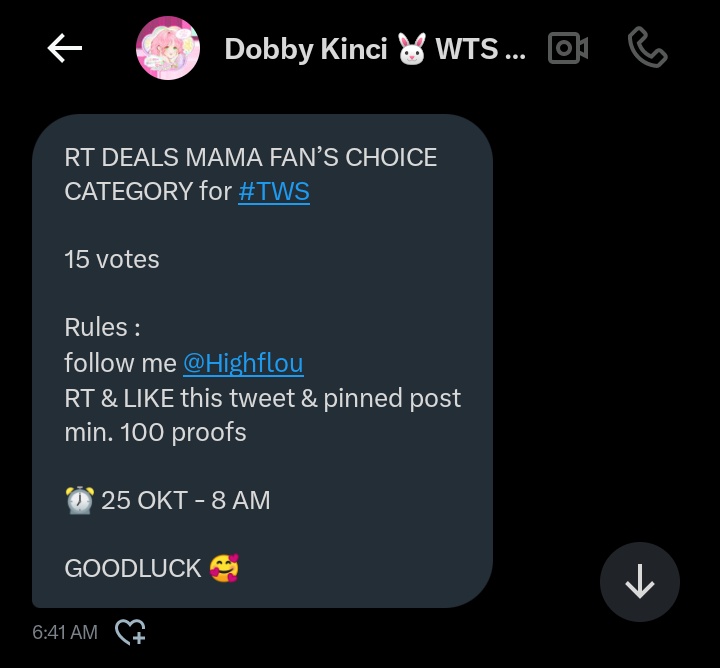 RT DEALS MAMA FAN’S CHOICE CATEGORY for #TWS

15 votes

Rules :
follow me <a href="/Highflou/">Dobby Kinci 🐰 WTS MAMA VOTES</a>
RT &amp; LIKE this tweet &amp; pinned post
min. 100 proofs

⏰ 25 OKT - 8 AM

GOODLUCK 🥰