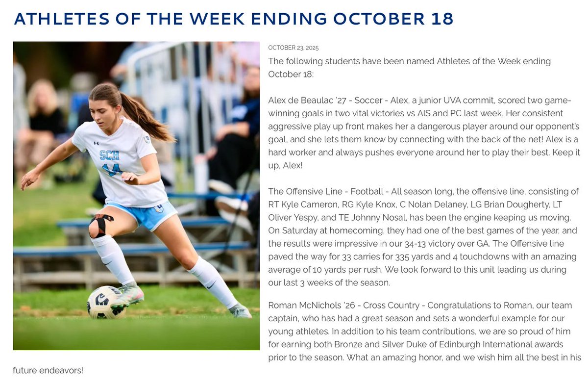 AlexdeBeaulac's tweet photo. 💕 Love SCH - we have so many talented athletes at SCH who work hard to deserve this recognition. I'm humbled to be recognized. #SCHProud #SCHBlueDevils @SCHGSoccer @UVAWomenSoccer #GoHoos @TopDrawerSoccer @Lionesses @USYNT @FA https://t.co/hoMkyfJIcK