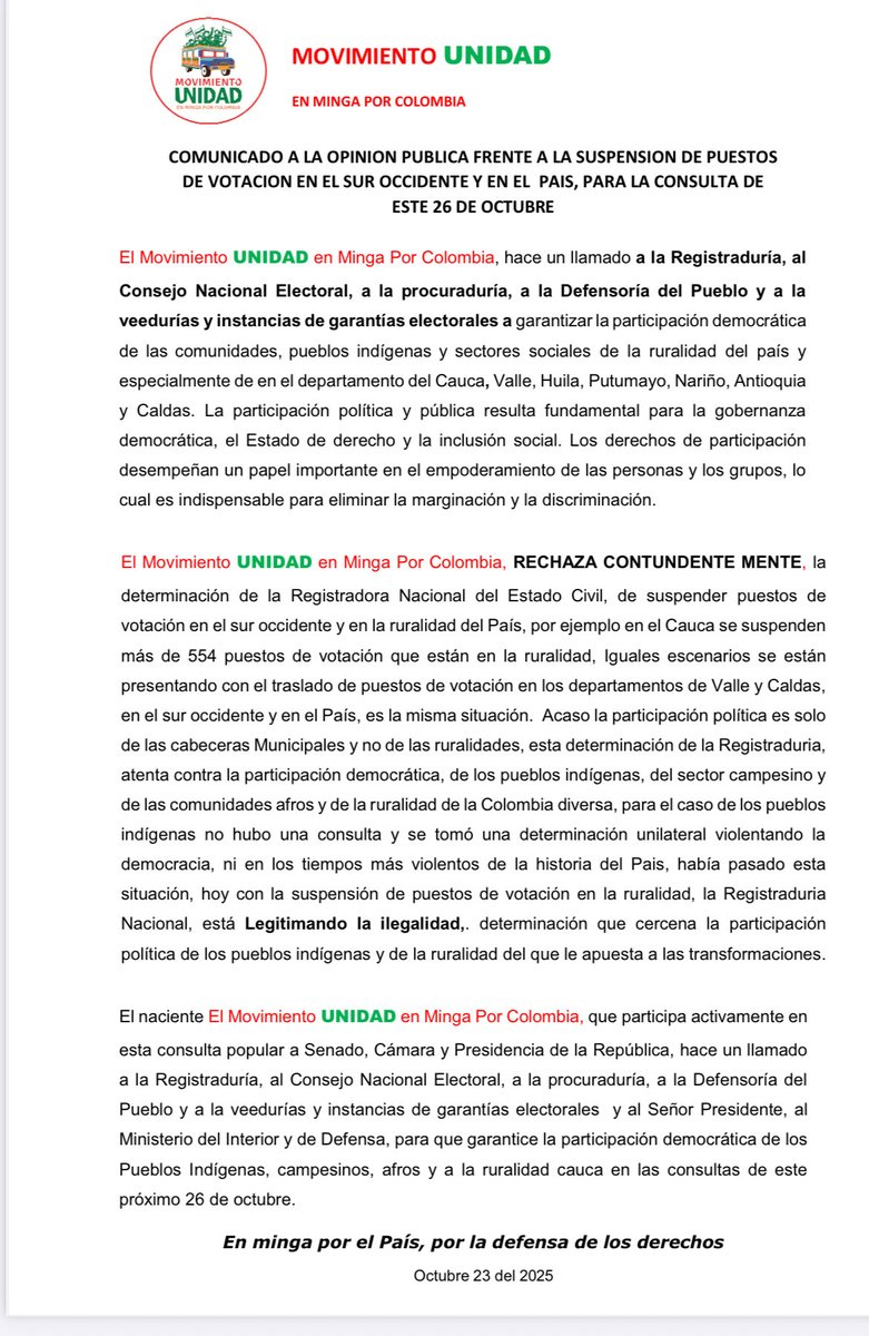ATENCIÓN: NUMEROSAS ORGANIZACIONES CAMPESINAS E INDÍGENAS COMIENZAN A DENUNCIAR QUE NO HABRÁ PUESTOS DE VOTACIÓN EN SUS ZONAS RURALES, Y POR LO TANTO LOS ELECTORES NO PODRÁN VOTAR EN LA CONSULTA DEL PACTO HISTÓRICO:
