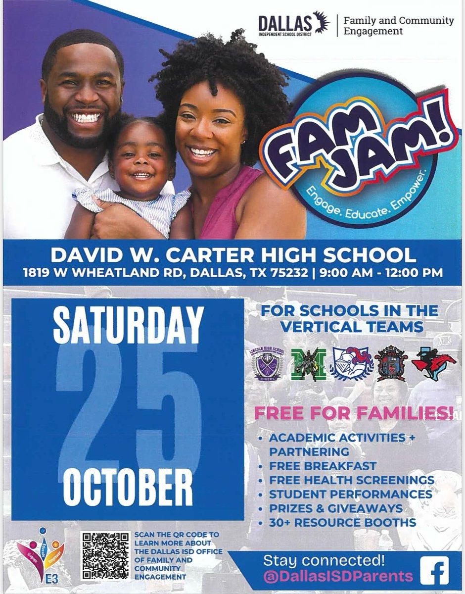 🎉 Get ready for Fam Jam THIS Saturday for a day full of family fun!

⏰ 9 a.m. to Noon
📍David W. Carter High School- 1819 W. Wheatland Road Dallas, TX 75232