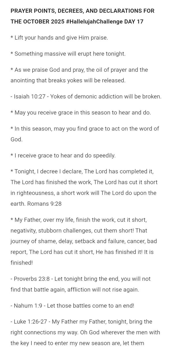 TosinofJesus's tweet image. PRAYER POINTS, DECREES, AND DECLARATIONS FOR THE OCTOBER 2025 #HallelujahChallenge DAY 17

#HallelujahChallenge2025
#HallelujahChallengeOCT2025