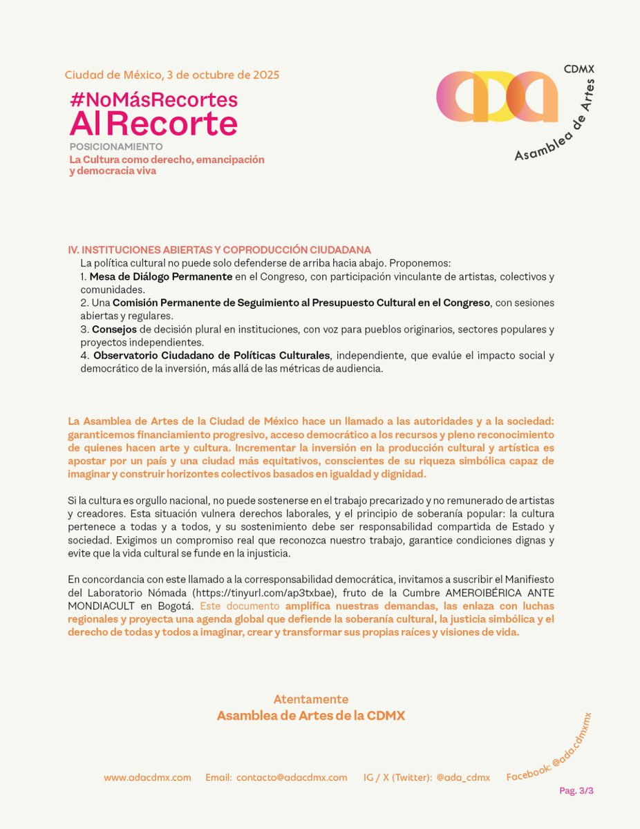 Posicionamiento* de ADA frente a la política presupuestal regresiva que afecta las actividades artísticas, culturales y de dignidad laboral para el sector.

Por 2o año decimos #NoMásRecortesAlRecorte

*Documento votado en el pleno de la ADA el día 4 de Octubre.
