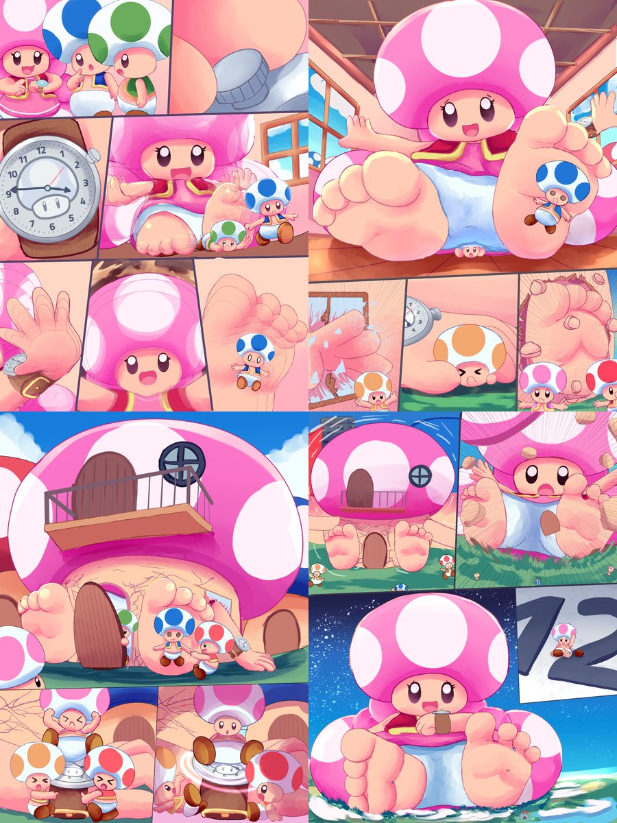 Toadette tries out her new Super Mushroom wristwatch &amp; happily discovers that it causes her to grow super big 😊 

Her Toad friends get smooshed &amp; shoved while they try to pry her giant watch off her giant wrist but fail into her becoming a giantess 😍

Drawn by <a href="/CookiemixtleSZ/">GigaMarie</a>❤️