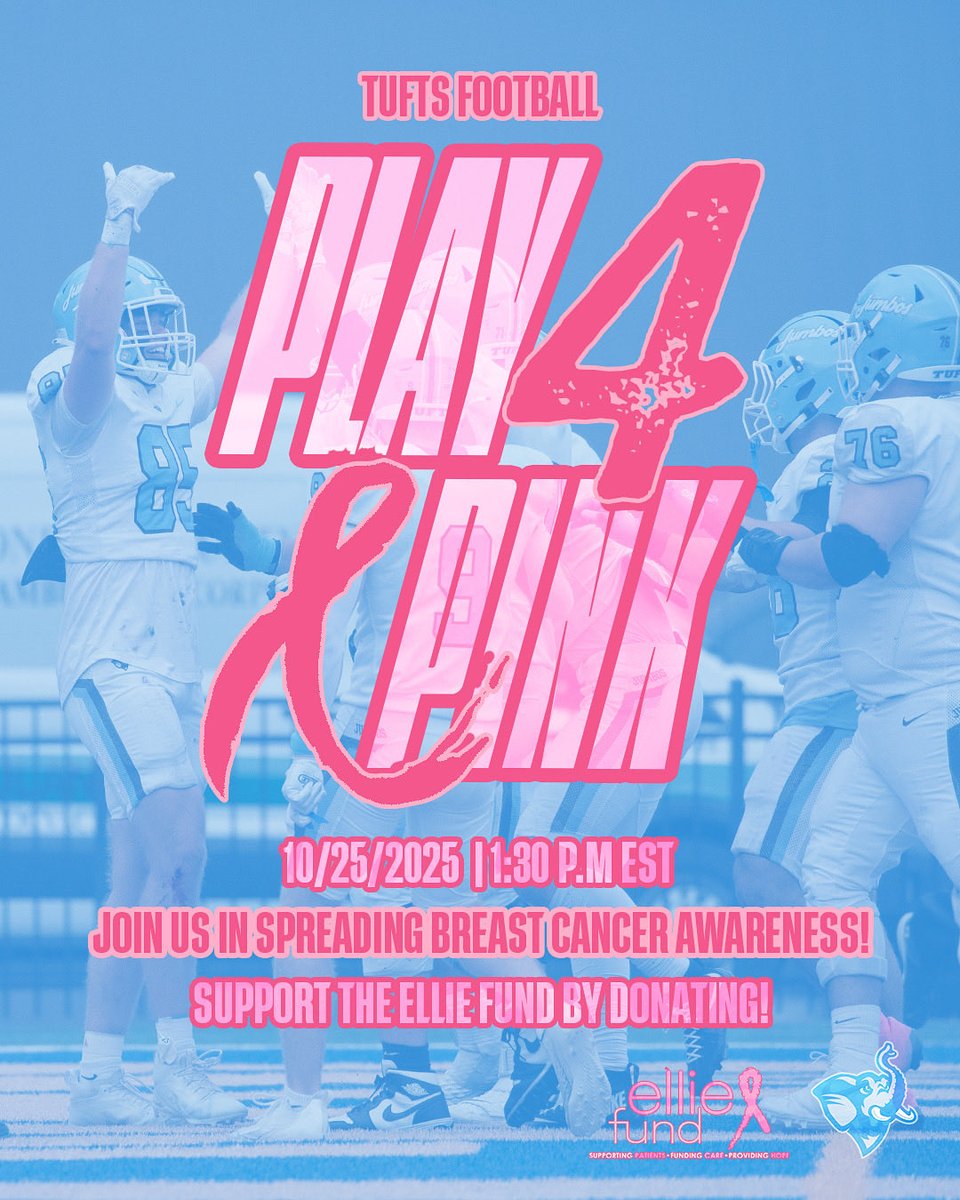Tufts University Football (@footballtufts) on Twitter photo PLAY 4 PINK 🩷
Your Tufts Jumbos are playing for pink at the game this Saturday! Join us in bringing more breast cancer awareness to our Tufts community by showing out and/or donating to the Ellie Fund! Link below 🫶 #breastcancerawarenessmonth 
classy.org/give/653105/#!… PLAY 4 PINK 🩷
Your Tufts Jumbos are playing for pink at the game this Saturday! Join us in bringing more breast cancer awareness to our Tufts community by showing out and/or donating to the Ellie Fund! Link below 🫶 #breastcancerawarenessmonth 
classy.org/give/653105/#!…