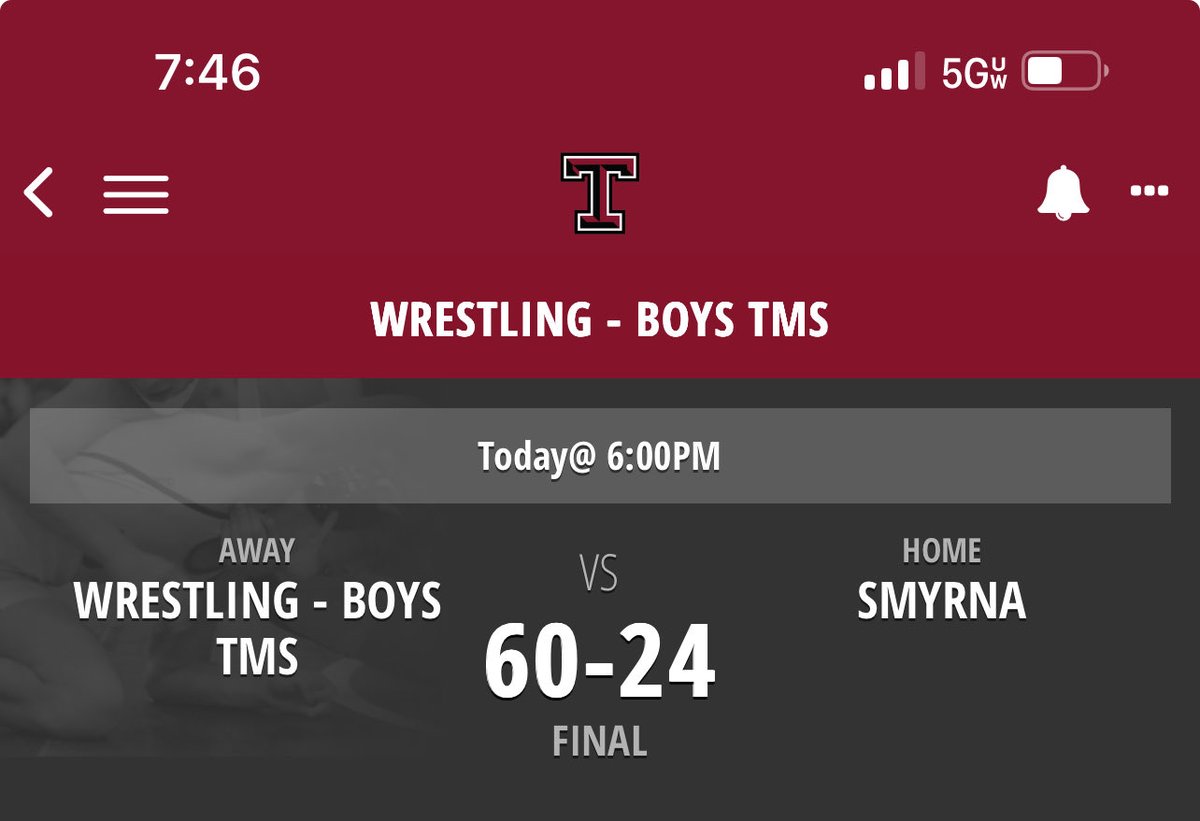 Tullahoma end the night with 60-24 win over Smyrna and Kaiden Callison goes 2-0 on the night.  Grateful to be competing