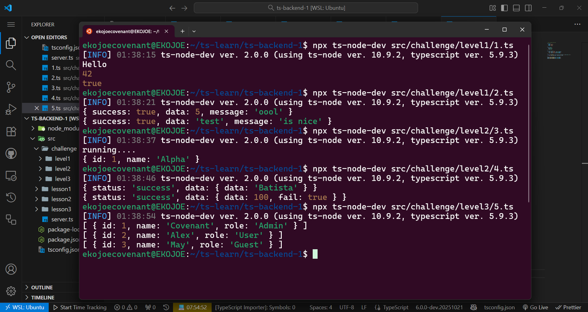 ekojoecovenant's tweet image. Day 335:
Still learning TS. Learnt about...:
- type inference
- Objects and interfaces
- Functions with types-
- Union and Intersection Types
- Async Functions and Promise&lt;T&gt;
- Generics
#365DaysOfCode #typescript #buildinpublic #learn #cs #node #express #github #ekojoe #backend
