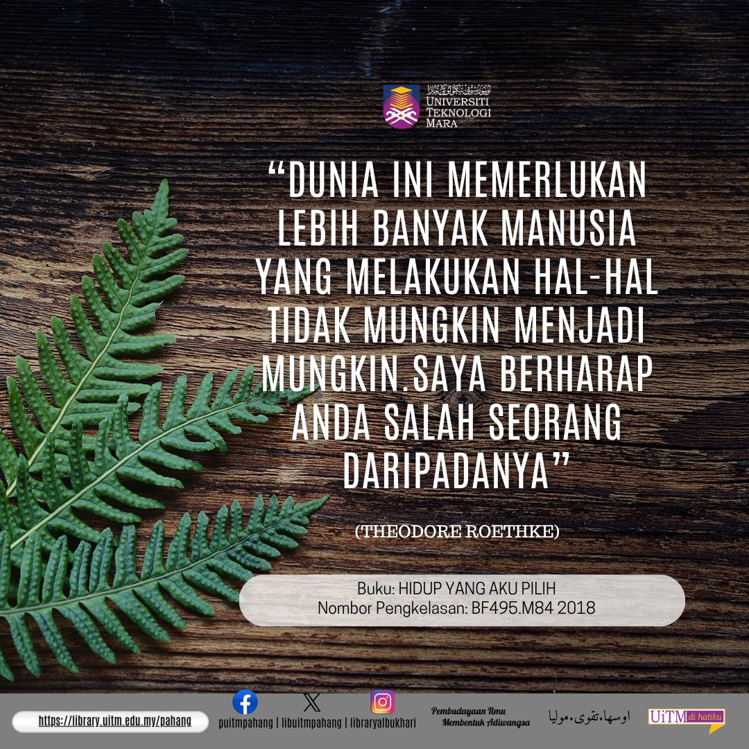 LibUiTMPahang's tweet image. Sila ikuti maklumat terkini dilaman web rasmi kami di
library.uitm.edu.my/pahang
#libphg
#pabmembaca
#libraryforall
#PembudayaanIlmuMembentukAdiwangsa
LIKE & FOLLOW FACEBOOK Perpustakaan Al-Bukhari:
facebook.com/library.uitm.p…