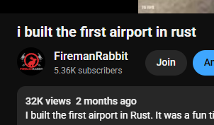 FiremanRabbit's tweet photo. Two months ago I posted the first airport in Rust video, now two of my favorite creators have posted airport videos! Pretty cool! #daddyoftheairport @SebbyK29 @BlazedRust https://t.co/LLQthe8sfo