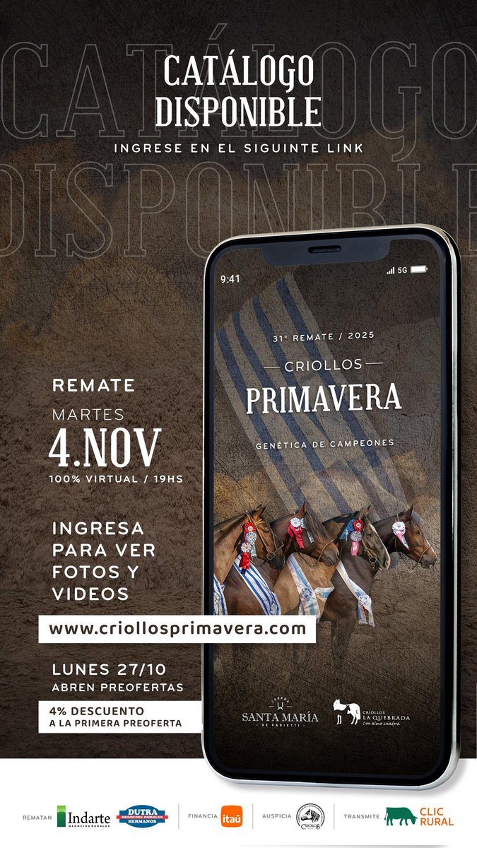 ¡Se viene una nueva Primavera! 
El lunes a las 18:00 Apertura de PreOfertas.
La primera de cada lote lleva el 4% de descuento. 
criollosprimavera.com