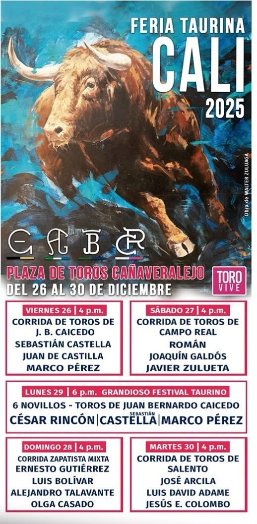 Cali COL Toro Vive acaba de presentar la Feria 2025 en Cañaveralejo, cuatro corridas del 26 al 30 de diciembre y el festival el 28 de diciembre con novillos de <a href="/JB_Caicedo/">Juan B Caicedo</a> para la vuelta de César Rincón, Sebastián <a href="/castella_gm/">Sebastián Castella</a> y Marco Pérez <a href="/portaltaurino/">Portal Taurino</a>