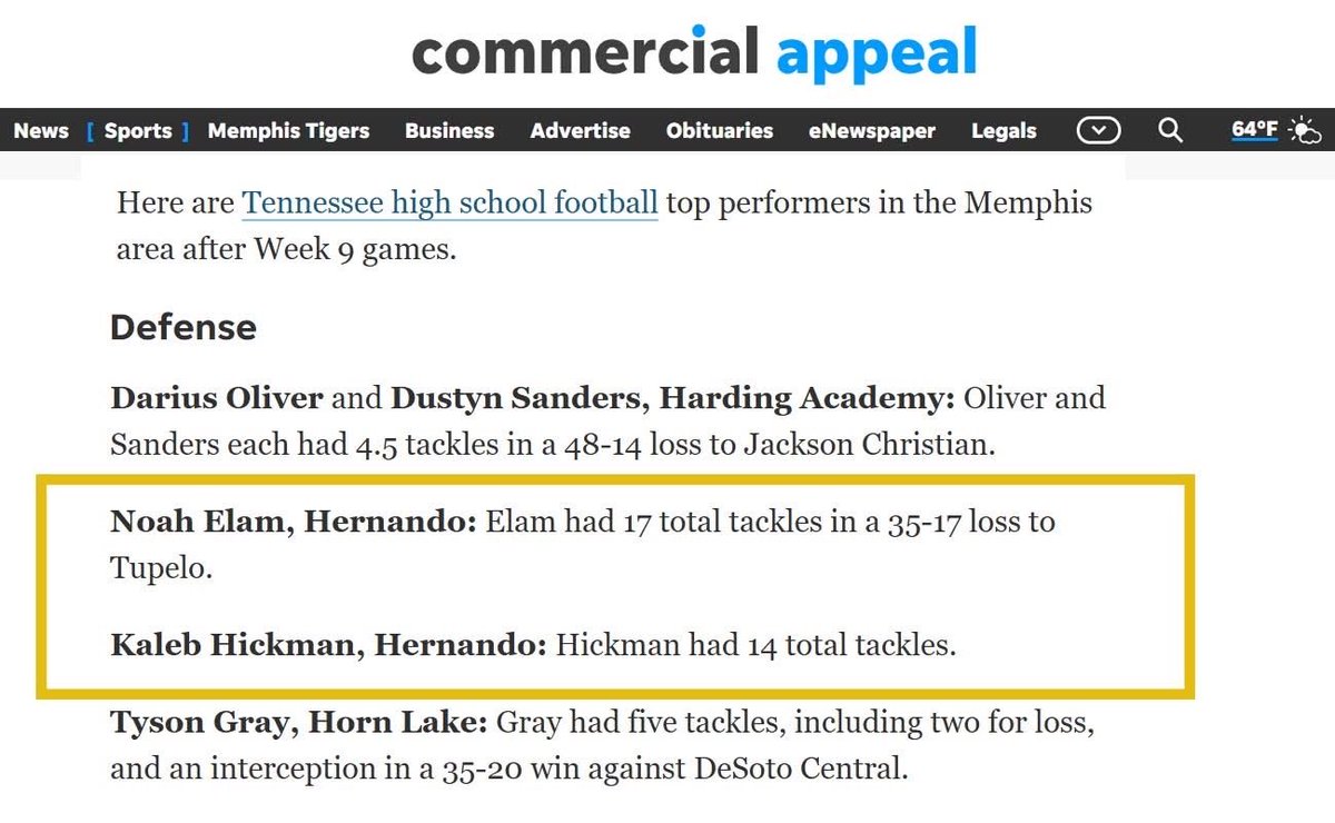 Congratulations to Hernando Tigers Noah Elam and Kaleb Hickman on being named Top Performers by The Commercial Appeal this week! These guys played outstanding against a good Tupelo team. #NNEQ #TigerPride
