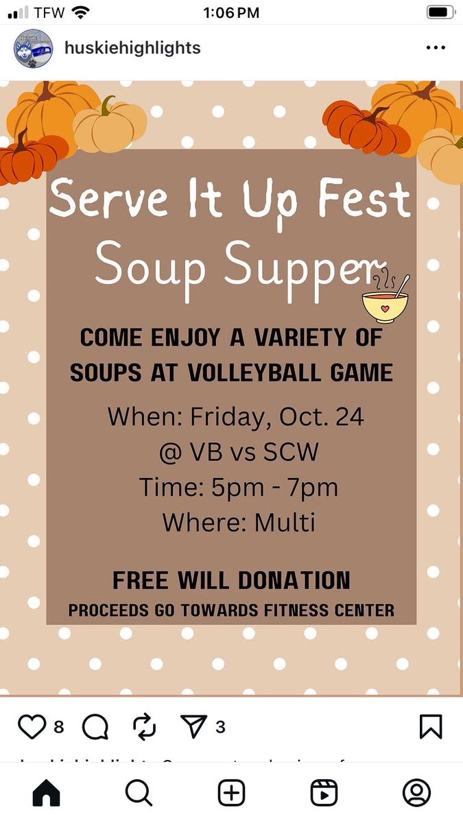 Come out eat some soup and support the local fitness center and watch a good HS volleyball match between your Huskies and the SC/W Blackhawks! #GoHuskies #BErelentless #soup #volleyball