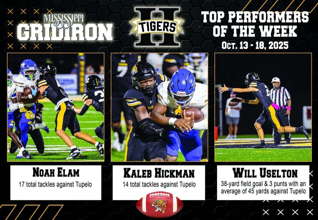 🐅👏Congratulations to Tigers Noah Elam, Kaleb Hickman, and Will Uselton for being recognized in Mississippi Gridiron as top performers for the week against Tupelo. Way to go, Tigers!
capitalsportsms.com/capital_sports…