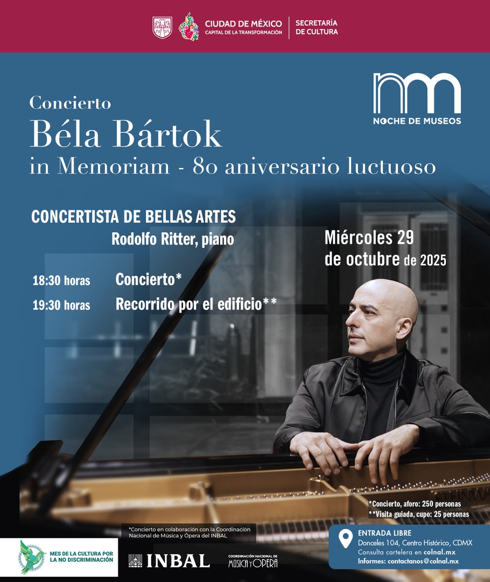 ColegioNal_mx's tweet image. 🗝🏛️🌙✨🖼El #MIÉRCOLES es @nochedemuseos y la casa del saber se llenará de música de #BelaBartok. 

🗓️ Miércoles 29 de octubre · Desde las 18:30 h #entradalibre
 
🎹 #Concierto en colaboración con @MusicaINBAL
  👉 Interpreta: @RODOLFORITTER
 ☝️ Cupo: 250 personas

🏛️ Visita