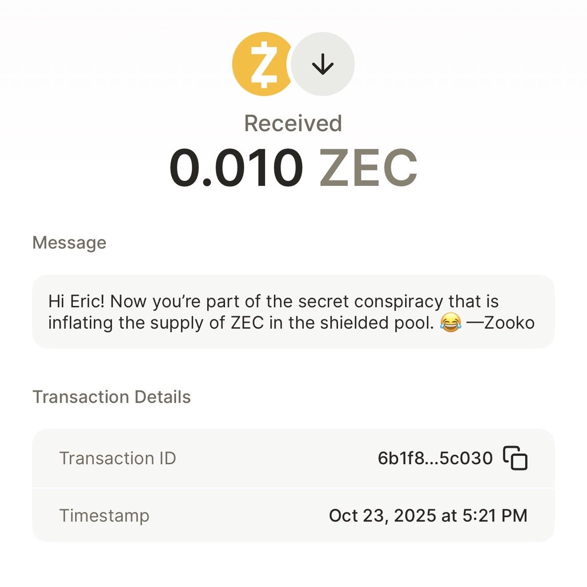 Zashiウォレットのスクリーンショット：ZEC受信トランザクションとZookoからのメッセージが表示されている