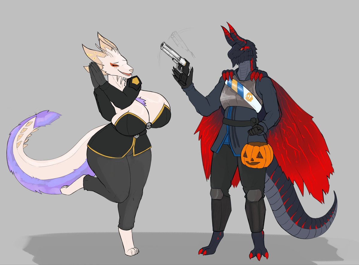 About to go trick or treating, doing a funny trick for more candy hopefully with our Helldivers costumes!

Amazing art by <a href="/jimjr_art/">Jimjr (Comms open) 🔞</a>
