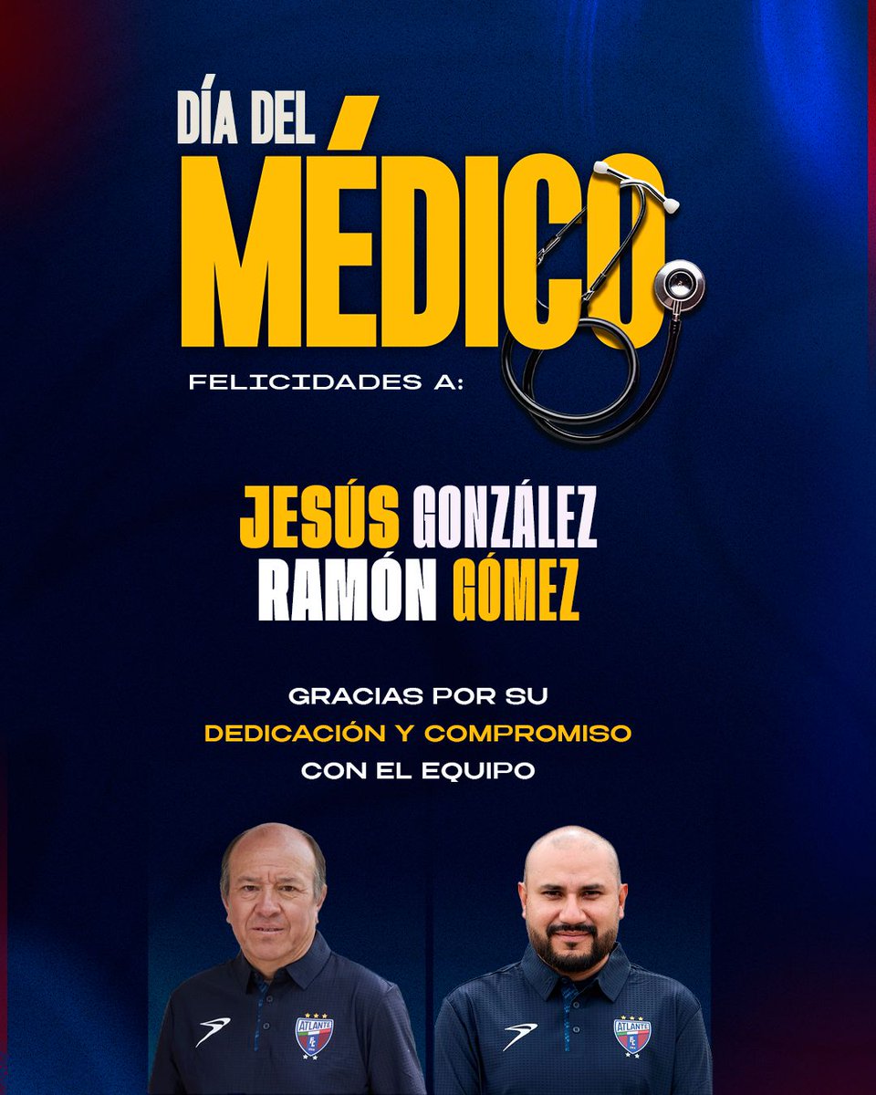Felicitamos a nuestros médicos Jesús Felipe González y Ramón Gómez en el marco del #DíaDelMédico 🩺 por su dedicación y compromiso con la salud y el bienestar de nuestro equipo.

#SerAtlante
#SerDeHierro