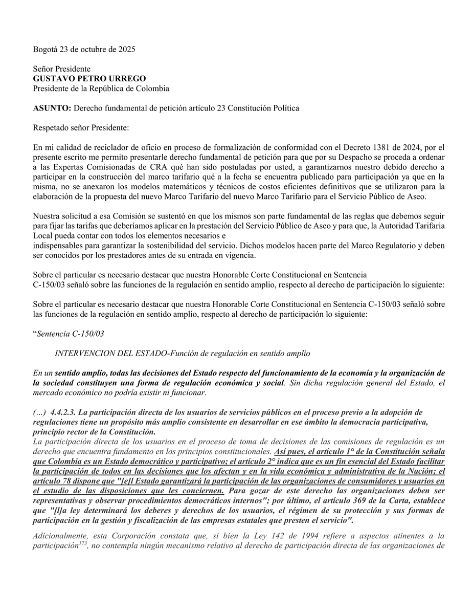 EcoalianzaR's tweet photo. Señor Presidente @petrogustavo, adjuntamos derecho de petición sobre la protección del reciclaje de oficio como DERECHO fundamental. Solicitamos respetuosamente su atención a esta solicitud. #RecicladoresDeOficio https://t.co/ECPINP4KMr