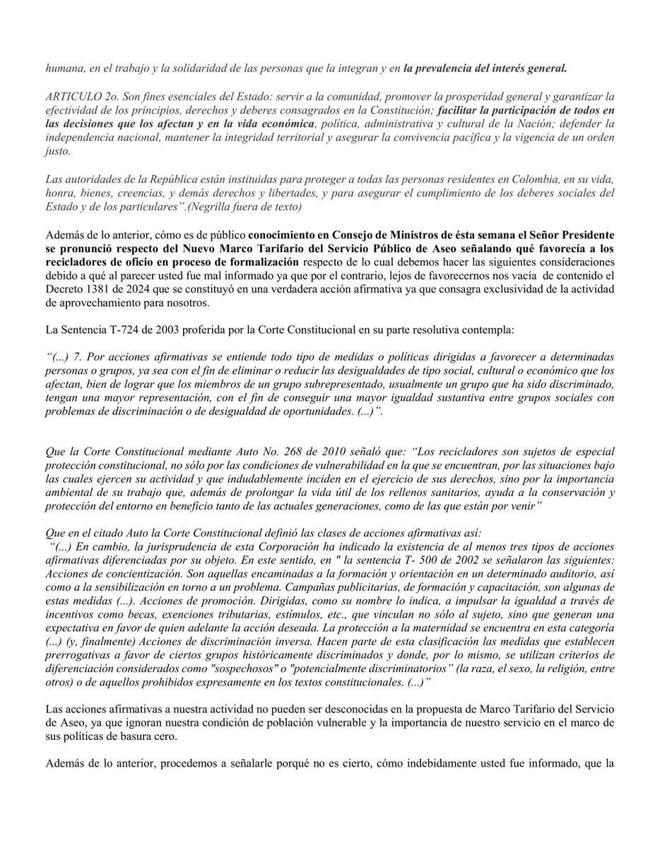 EcoalianzaR's tweet photo. Señor Presidente @petrogustavo, adjuntamos derecho de petición sobre la protección del reciclaje de oficio como DERECHO fundamental. Solicitamos respetuosamente su atención a esta solicitud. #RecicladoresDeOficio https://t.co/ECPINP4KMr