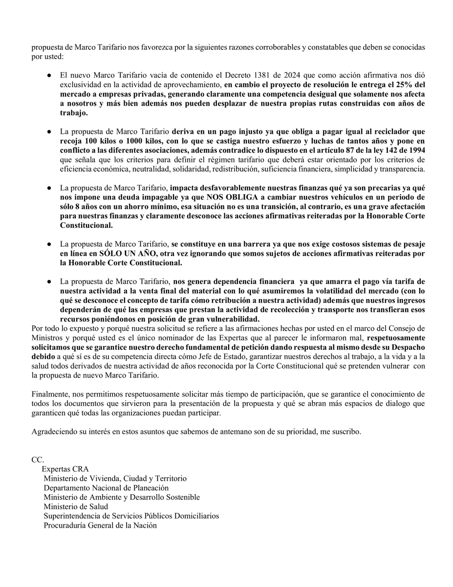 EcoalianzaR's tweet photo. Señor Presidente @petrogustavo, adjuntamos derecho de petición sobre la protección del reciclaje de oficio como DERECHO fundamental. Solicitamos respetuosamente su atención a esta solicitud. #RecicladoresDeOficio https://t.co/ECPINP4KMr