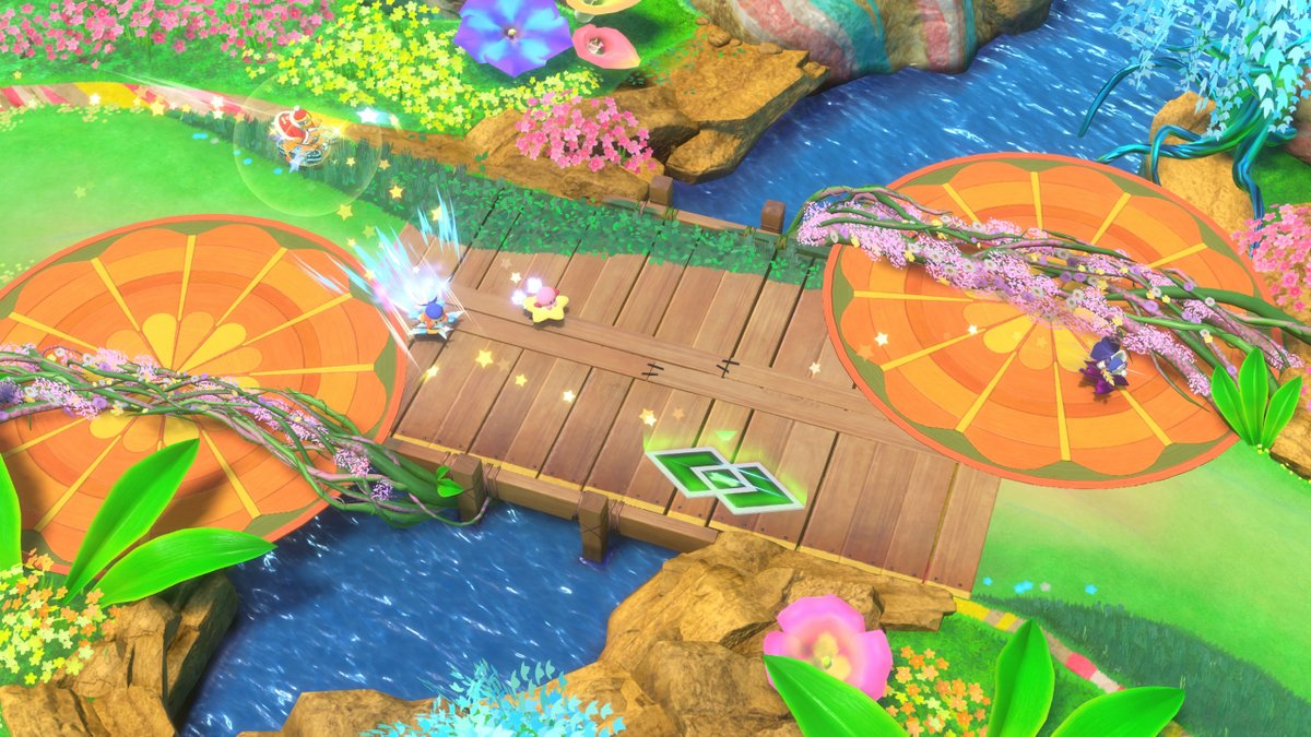 KirbyAirRiderJP's tweet image. 【ウエライドコース：花】
「フラリア」をモチーフに作られたウエライドのコースです。
風車のかぜに乗って、回転床の上を気持ちよく駆け抜けていきましょう！
#エアライダー #NintendoSwitch2