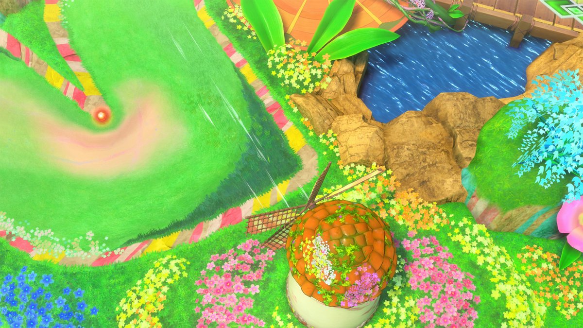 KirbyAirRiderJP's tweet image. 【ウエライドコース：花】
「フラリア」をモチーフに作られたウエライドのコースです。
風車のかぜに乗って、回転床の上を気持ちよく駆け抜けていきましょう！
#エアライダー #NintendoSwitch2