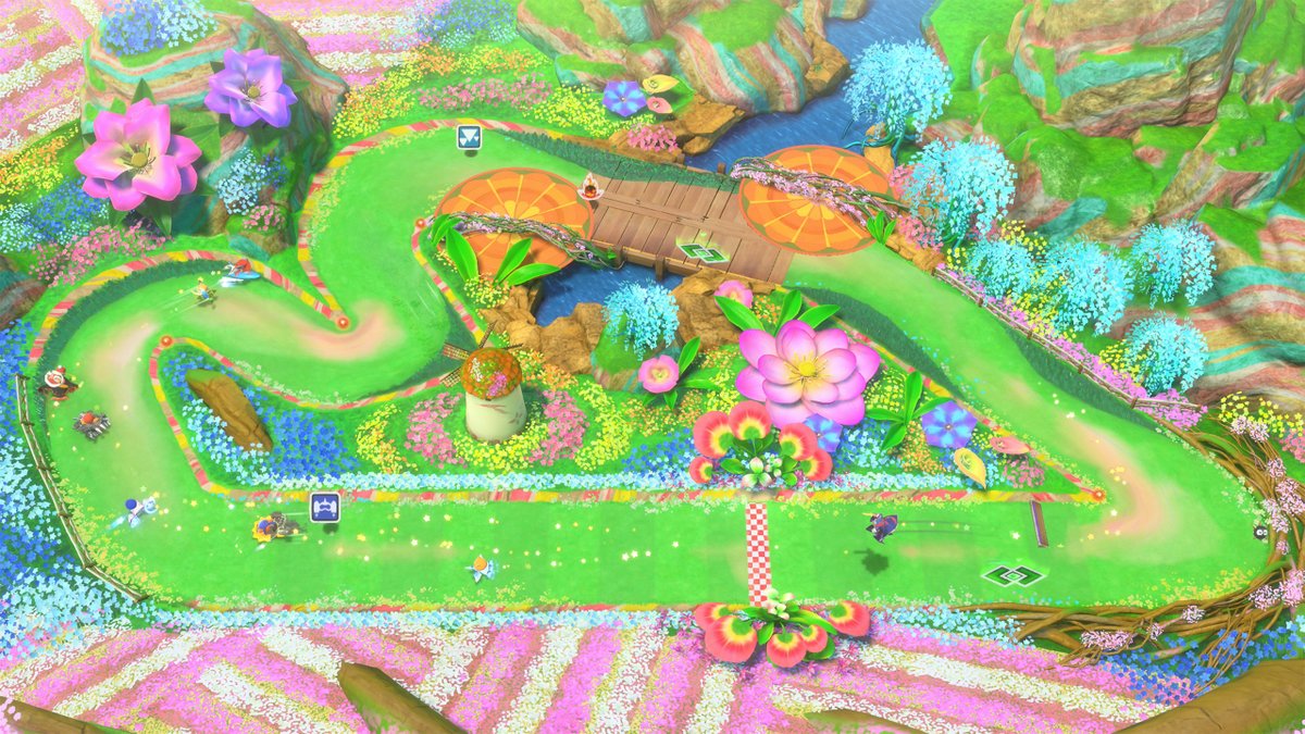 KirbyAirRiderJP's tweet image. 【ウエライドコース：花】
「フラリア」をモチーフに作られたウエライドのコースです。
風車のかぜに乗って、回転床の上を気持ちよく駆け抜けていきましょう！
#エアライダー #NintendoSwitch2