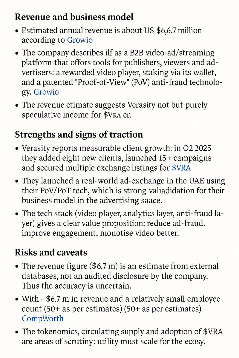 Verasity ($VRA) is not hype. It’s earning.
• Estimated annual revenue: US $6.7 million (Growjo)
• Active clients, ad-tech adoption, and expansion into the UAE (BSC News)
• Patented “Proof-of-View” tech fights ad fraud in real campaigns
• Small team (~50 employees) building