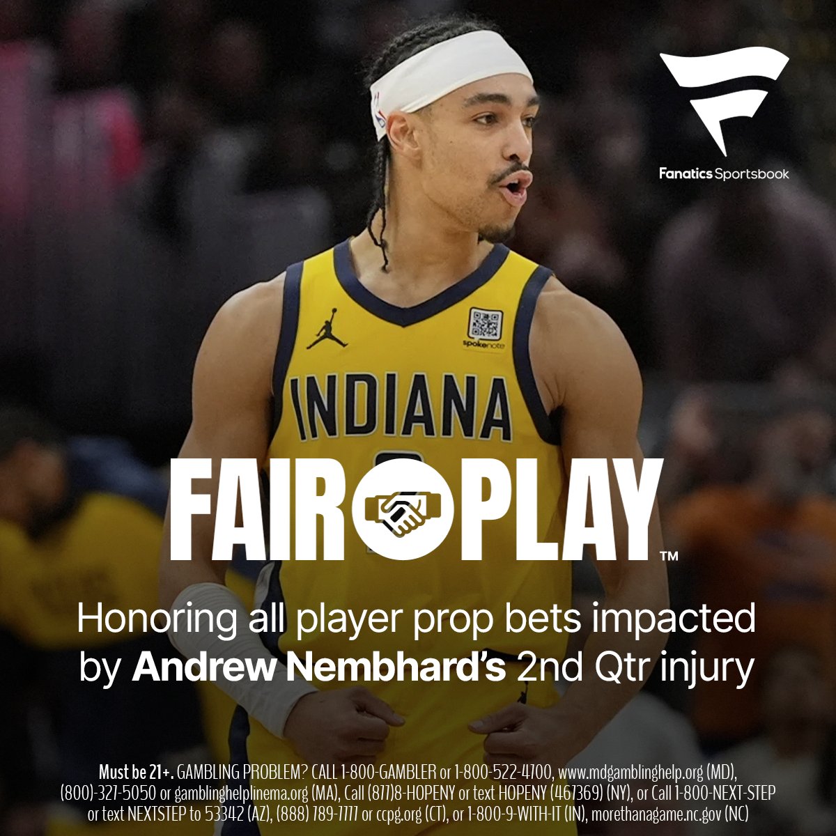 FanaticsSports's tweet photo. FAIR PLAY™ activated. Honoring all player prop bets impacted by Andrew Nembhard's 2nd Qtr injury. https://t.co/Q2d5J8Iptp